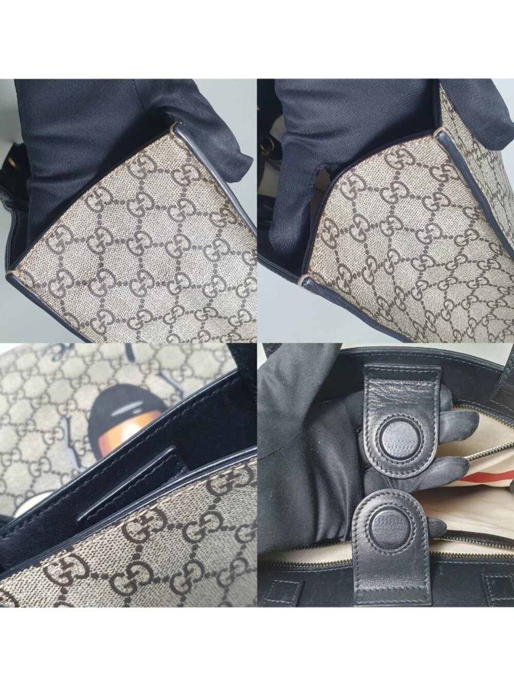 Authentic Gucci GG Supreme Bee Tote Bag Large Canvas Black Leather - Picture 7 of 12